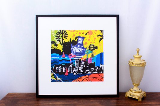 Quadro com Moldura Preta Pintura Paisagem Cidade Colorida 80x80cm