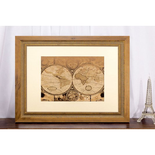 Quadro Decorativo Mapa Mundi Envelhecido com Moldura Dupla 60x50cm
