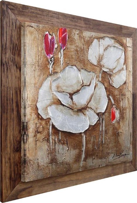 Quadro Decorativo Tela com Moldura Rústica Flores Brancas e Vermelhas 120x120cm