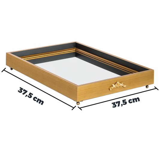 Bandeja Decorativa Espelhada Moldura Dourada com Pés Metálicos