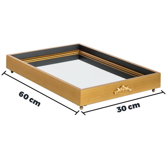 Bandeja Decorativa Espelhada Moldura Dourada com Pés Metálicos