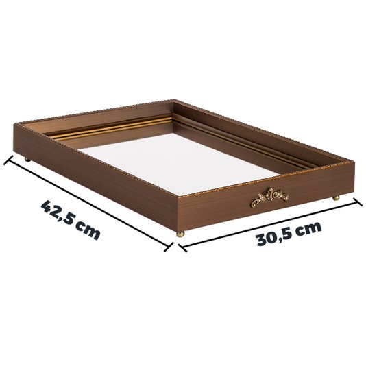 Bandeja Decorativa Espelhada Moldura Gravada com Pés Metálicos