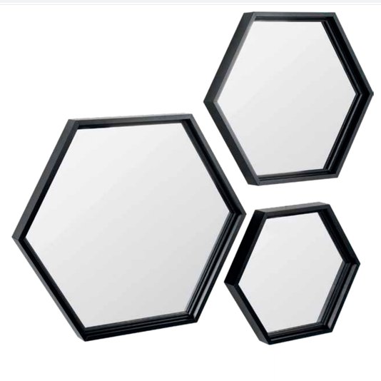 Bandeja Espelhada Decorativa Hexagonal Preta com Pés Metálicos