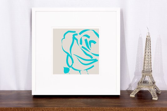 Quadro Decorativo Floral Silhueta Azul de Flor com Moldura Branca 60x60cm
