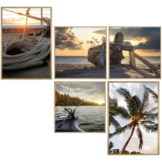 Combo de Quadros Paisagens Natureza Mar Conjunto com 5 Quadros 220x210 cm
