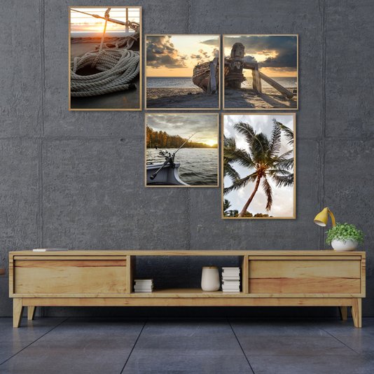 Combo de Quadros Paisagens Natureza Mar Conjunto com 5 Quadros 220x210 cm