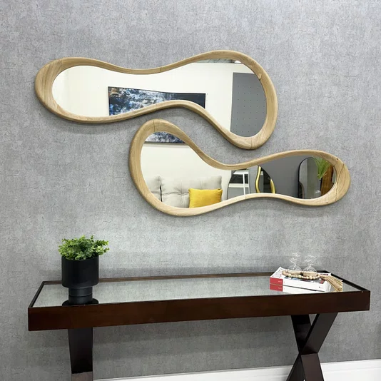 Conjunto de Espelho Orgânico Usinado em Madeira Maciça Nobre de Tauari 130x50CM Cada Peça