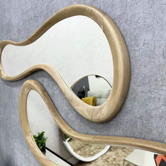 Conjunto de Espelho Orgânico Usinado em Madeira Maciça Nobre de Tauari 130x50CM Cada Peça