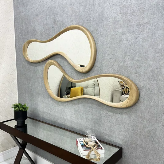 Conjunto de Espelho Orgânico Usinado em Madeira Maciça Nobre de Tauari 130x50CM Cada Peça