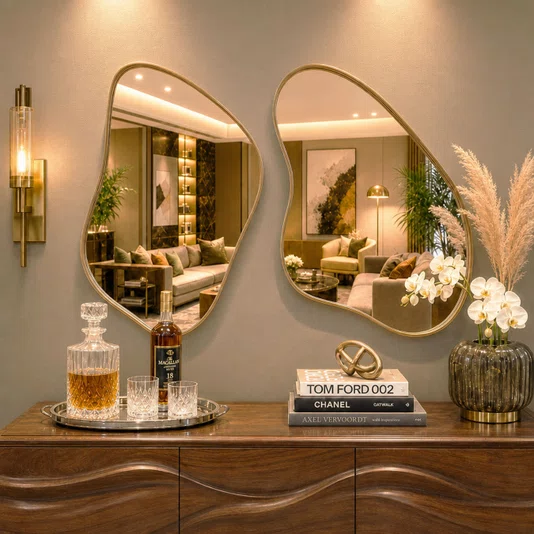 Conjunto de Espelhos Orgânicos: Elegância e Versatilidade com Borda Amadeirada