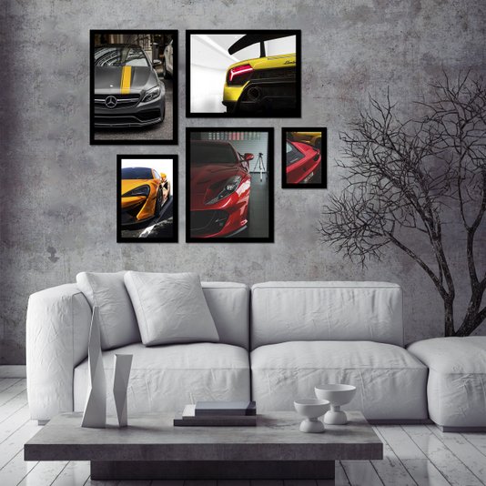 Conjunto de Quadros Carros Esportivos Kit com 5 Quadros