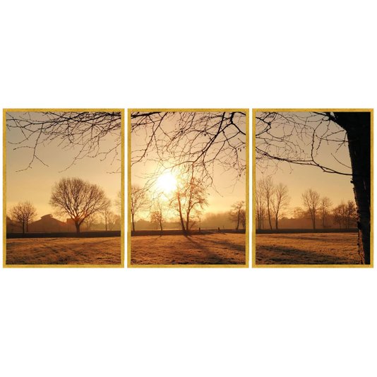 Conjunto de Quadros Paisagem Nascer do Sol: Decore com Estilo e Elegância Kit com 3 Quadros Moldura Dourada