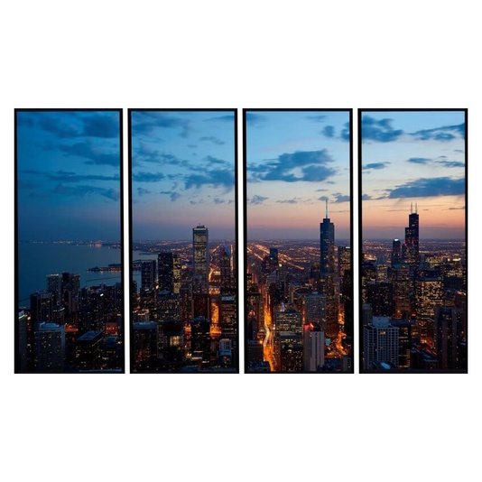 Conjunto de Quadros Prédios e Pôr do Sol Kit com 4 Quadros de 47x113 cm