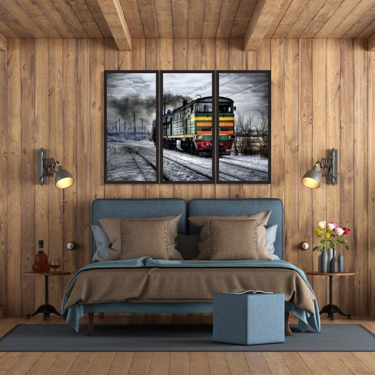 Conjunto de Quadros Locomotiva Trem Kit com 3 Quadros de 38x73cm