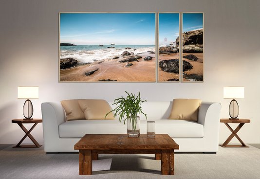 Conjunto de Quadros Paisagem Mar São Francisco Califórnia 210x100 cm Kit com 3 Quadros