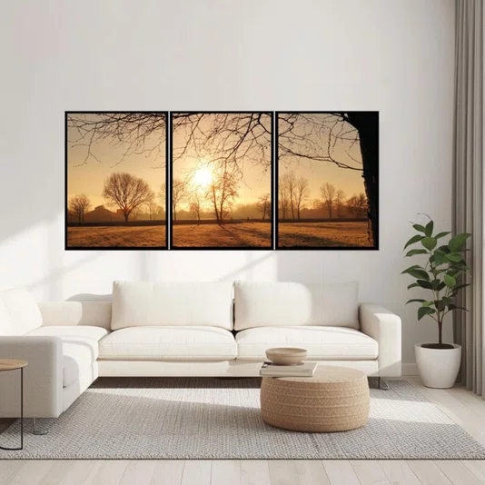 Conjunto de Quadros Paisagem Nascer do Sol Kit com 3 Quadros: Decore com Estilo e Tranquilidade em Casa