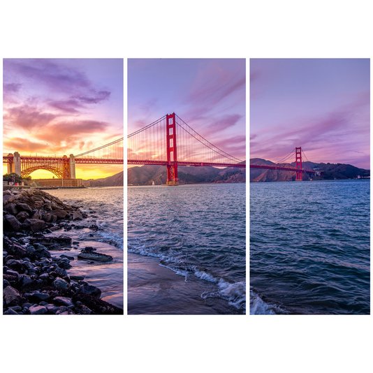 Conjunto de Quadros Telas Decorativas Ponte Golden Gate Kit com 3 Quadros 60x130cm