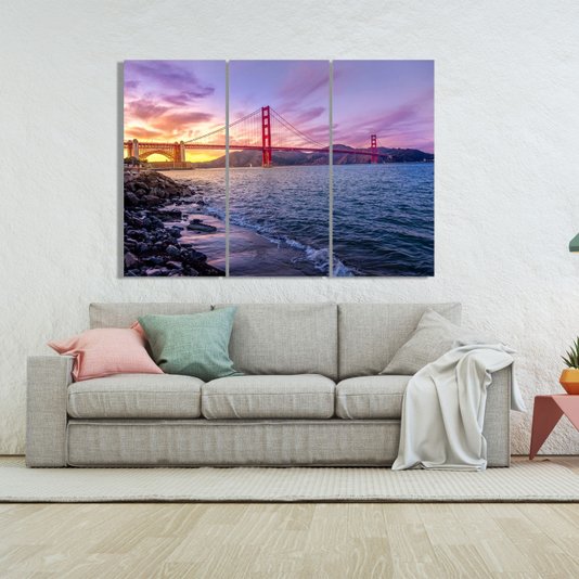 Conjunto de Quadros Telas Decorativas Ponte Golden Gate Kit com 3 Quadros 60x130cm