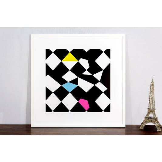 Quadro Decorativo com Moldura Branca Geométrico em Preto e Branco II