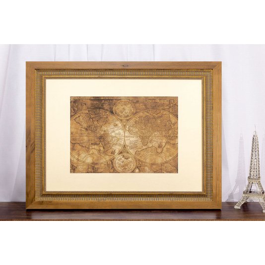 Quadro Decorativo com Moldura Dupla Mapa Mundi Envelhecido 60x50cm