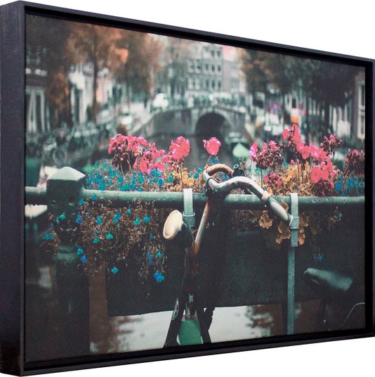 Quadro Tela Decorativa com Moldura Bicicleta e Flores Vintage 65x45cm