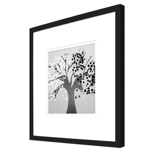 Quadro Decorativo com Moldura Preta Ilustração Árvore em Preto e Branco 50x50cm
