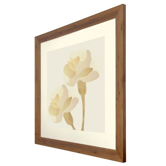 Quadro Decorativo Floral Flores Cor Bege com Moldura Rústica 100x100cm