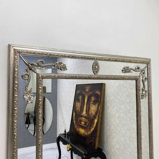 Espelho Clássico Decorativo Royale com Moldura e Apliques Folheados em Prata 120x200 CM