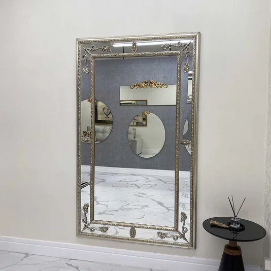 Espelho Clássico Decorativo Royale com Moldura e Apliques Folheados em Prata 120x200 CM