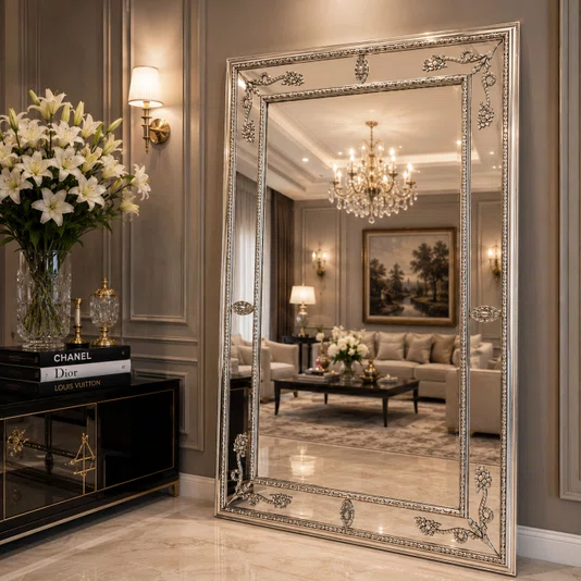 Espelho Clássico Decorativo Royale com Moldura e Apliques Folheados em Prata 120x200 CM