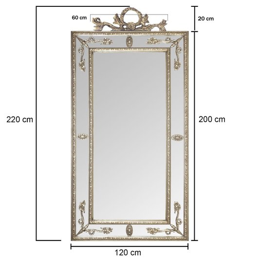 Espelho Clássico Decorativo Royale com Moldura e Apliques Folheados em Prata 120x220 cm