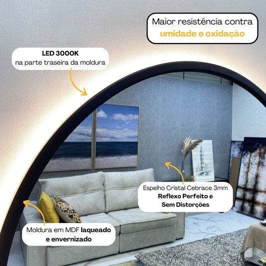 Espelho com LED Redondo e Moldura Preta Laqueada: Elegância e Versatilidade para sua Decoração