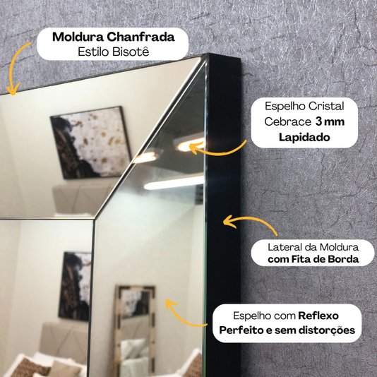 Espelho de Chão Esplendor com Moldura Espelhada Chanfrada Bisotê para Sala, Quarto e Banheiro