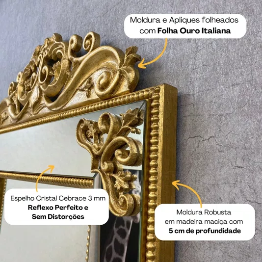 Espelho Decorativo Bella Roma com Moldura Dourada Espelhada e Apliques Folheados