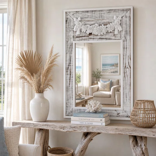 Espelho Decorativo Branco Provençal com Aplique Floral
