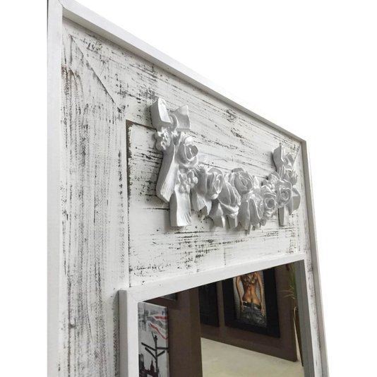 Espelho Decorativo Branco Provençal com Aplique Floral