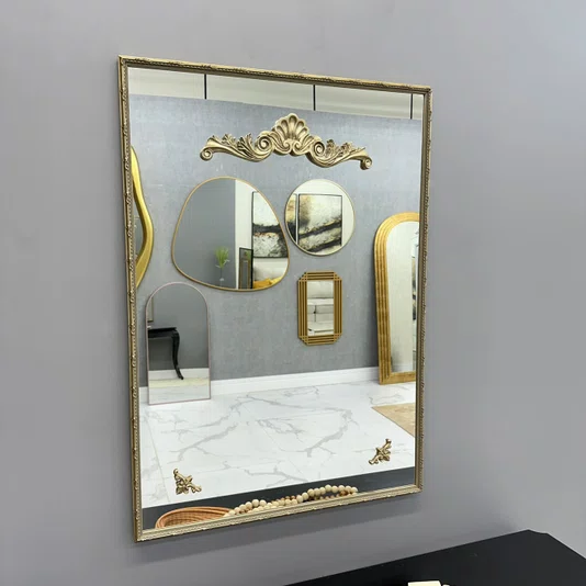 Espelho Decorativo Clássico Retangular Moldura Prata com Apliques Folheados à Mão 70x100 cm