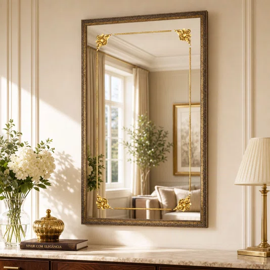 Espelho Decorativo com Moldura Dourada Clássica e Apliques Dourados