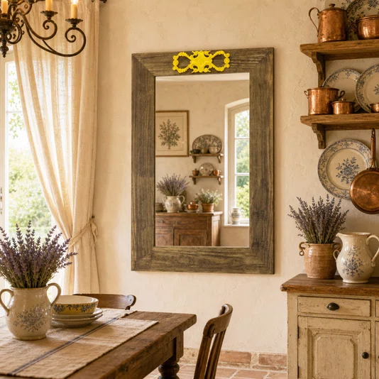 Espelho Decorativo com Moldura Marrom e Aplique Amarelo