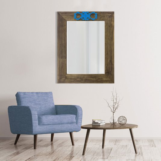 Espelho Decorativo com Moldura Marrom e Aplique Azul