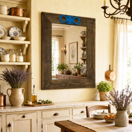 Espelho Decorativo com Moldura Marrom e Aplique Azul
