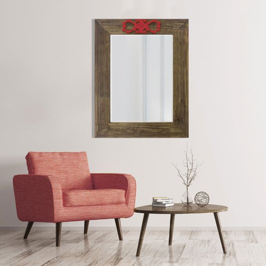 Espelho Decorativo com Moldura Marrom e Aplique Vermelho