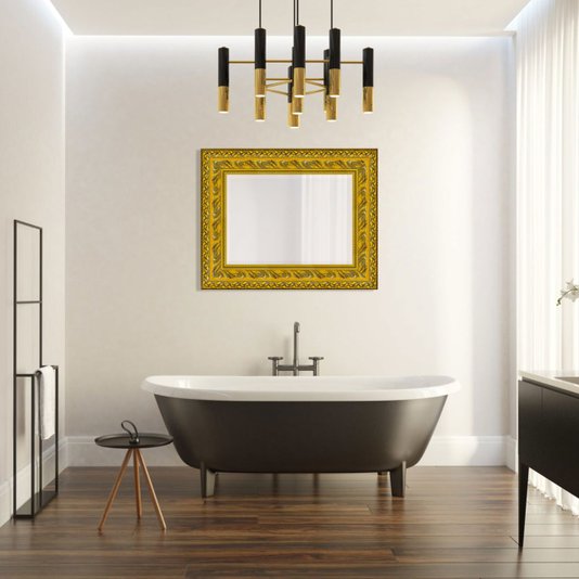 Espelho Decor Cristal Dourado com Moldura Gravada de Madeira
