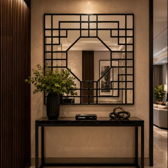Espelho Decorativo Geométrico Octagonal Sofisticado e Elegante Moldura Laqueada 100x100CM