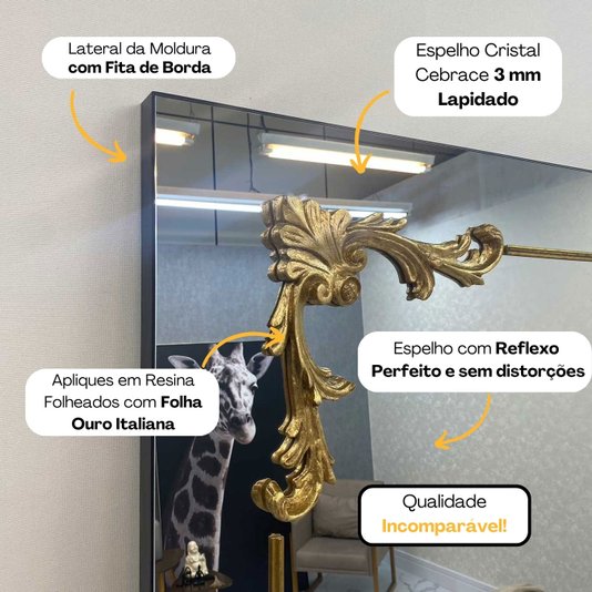 Espelho Decorativo Moderno com Borda Infinita e Apliques Dourados