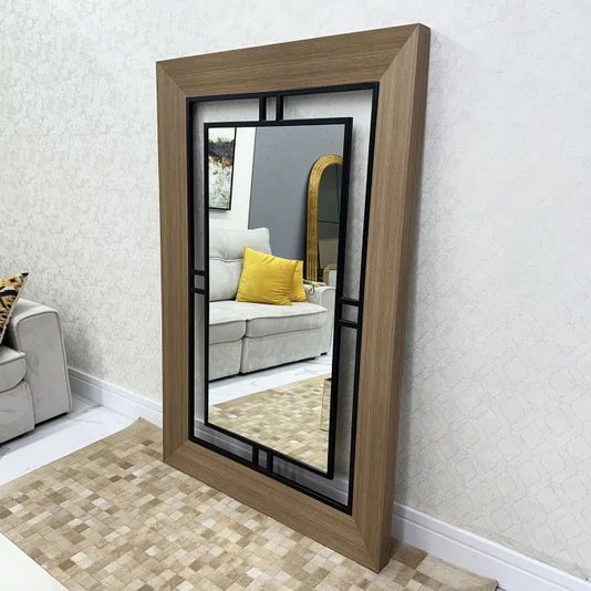 Espelho Decorativo Nexus Moldura Externa Amadeirada Interna Aço Carbono Vazado 120x180CM