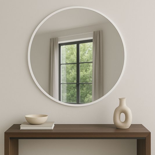 Espelho Decorativo Redondo com Moldura Branca em MDF Laqueado