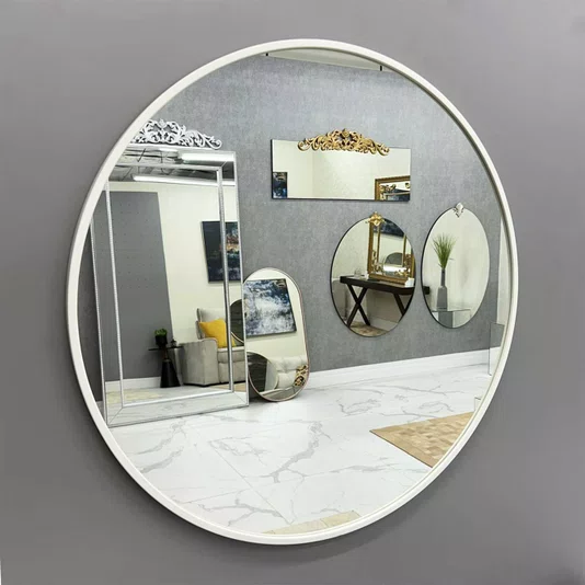 Espelho Decorativo Redondo com Moldura Branca em MDF Laqueado 80CM