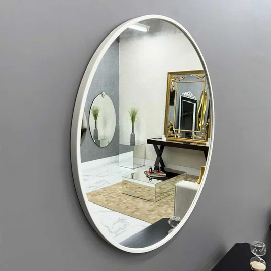 Espelho Decorativo Redondo com Moldura Branca em MDF Laqueado 80CM