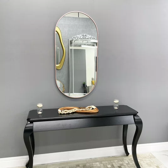 Espelho Decorativo Retangular Arredondado com Moldura Rosê Gold Laqueada